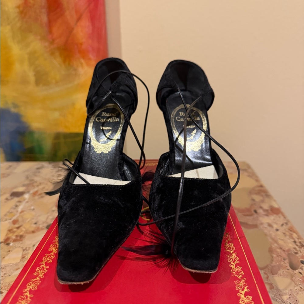 Rene Caovilla Black Velvet Lace-Up Heels